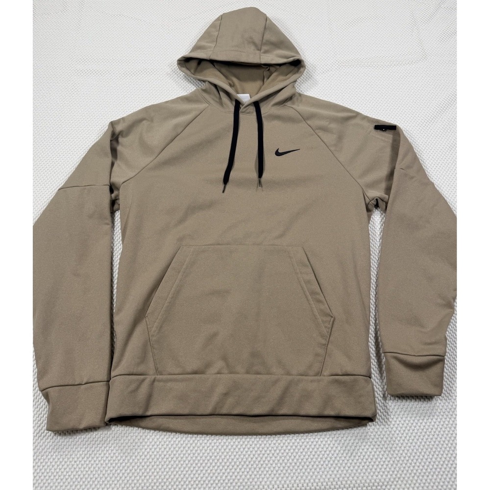 Nike Therma-FIT Hoodie Men's Small Tan Pullover Fleece Swoosh Pocket Sweatshirt